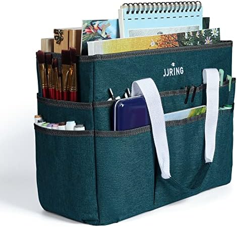 JJRING Craft Organizer Tote Bag Large Art Storage Caddy Bluish Green | With Multiple Pockets For Sewing, Scrapbooking, School, Medical, And Office Supplies