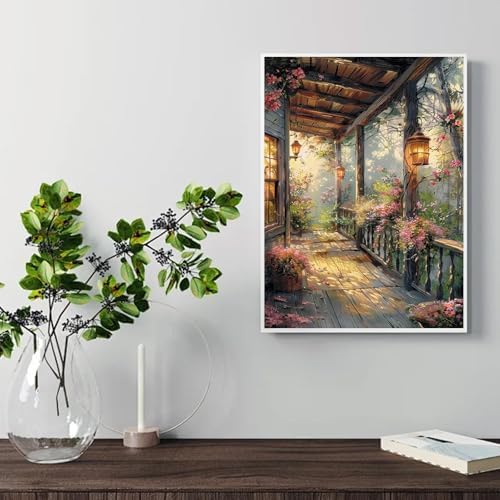 Square Diamond Painting Art Kits Square Drill Diamond Painting, Square Diamond Art, Garden Porch with Lights DIY Flower Gem Art Kits for Adults and Crafts for Gifts and Home Wall Decor Gifts 12x16 in