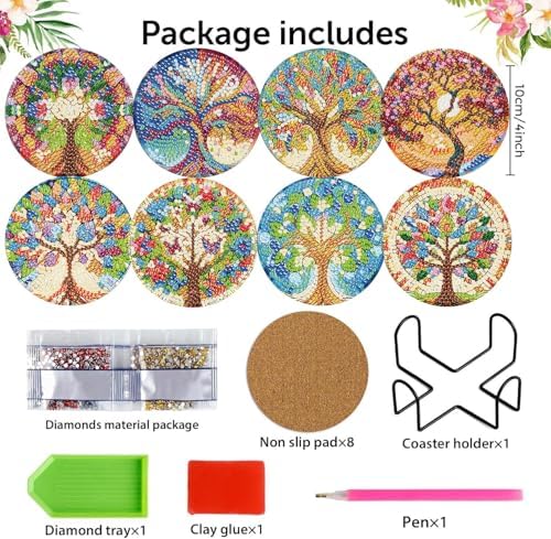 8 Pack Diamond Art Coasters,Tree of Life Diamond Painting Coasters Kits