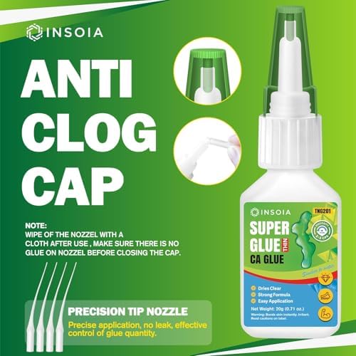 INSOIA Super Thin CA Glue, 20g, Strong Bond, with Precision Tips