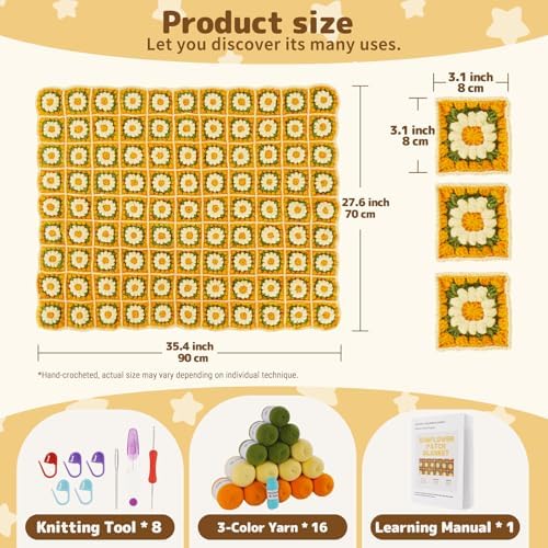 WILSHIN Blanket Crochet Kit for Beginners - Granny Squares Crochet Kit with Soft Yarns, Step-by-Step Tutorials & Detailed Instructions, Easy Craft Gift for Adults (Yellow Sunflower)