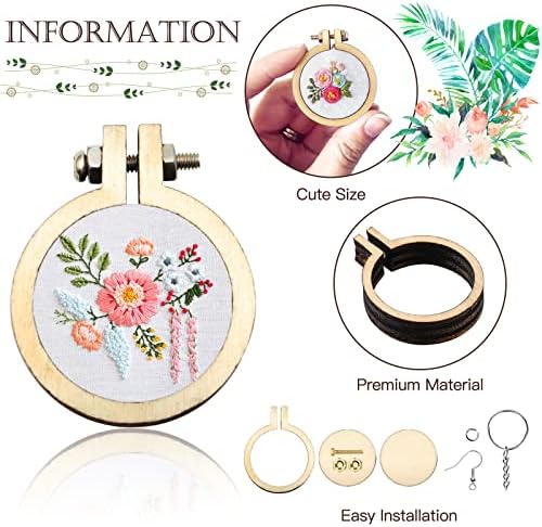 ZOCONE 20 Packs Mini Embroidery Hoops, Small Ring Tiny Embroidery Hoops with Keychain Earring Hooks Jump Rings, Round Wood Hoops for DIY Embroidery Necklace Jewelry Pendant and Keychain