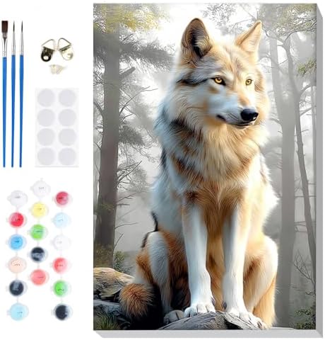 Bowetile Framed Wolf Paint by Numbers Kit for Adults, Adults' Paint-by-Number Kits on Canvas, Painting by Numbers Animal, Acrylic Animals Number Painting for Home Wall Decor, 8x12in