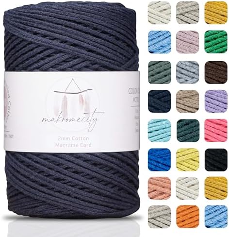 Makromecity, Cotton Macrame Cord 2mm x 195 Yards (590 feet) 2mm Recycled Cotton Crochet Yarn for Macrame Art & Crafts for Wall Hangings, Bags, Underplate, Rug (25 Colors Available) (Indigo Blue)