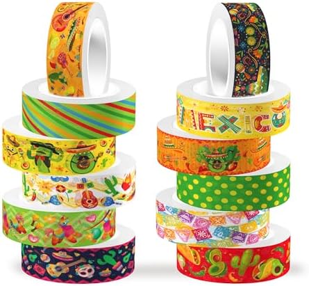 Mexican Fiesta Washi Tape 12 Rolls Mexican Fiesta Washi Tape Masking Decorative Cinco De Mayo Washi Tape for DIY Craft Gift Wrapping Handbook Sticker Scrapbook Journaling Party Favor