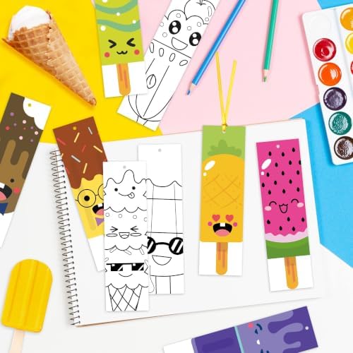 72Pcs Ice Cream Color Your Own Bookmarks, Coloring Blank Bookmarks for Kids