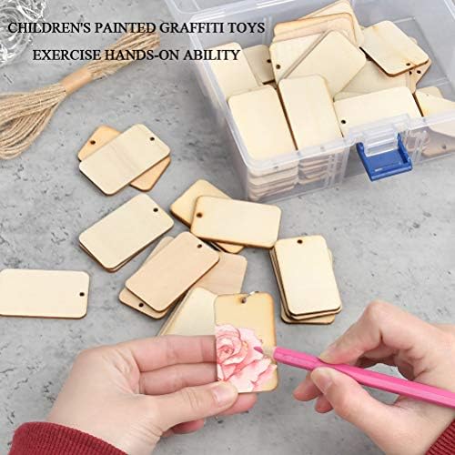 BUYGOO 80pcs Unfinished Wooden Keychain Set with 80 Key Rings and Hemp Rope for DIY Craft