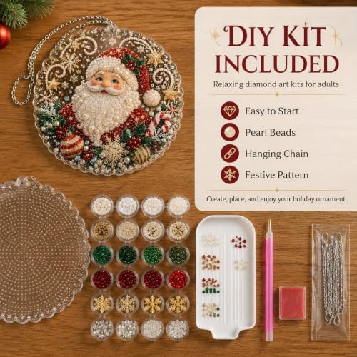 Christmas Pearl Diamond Painting Suncatcher Kit, Pearl Diamond Art Kits for Adults | 3D Mixed-Sized Christmas Bead Art Craft with Acrylic Round Board for Home Decor and Holiday Gifts (Style A)