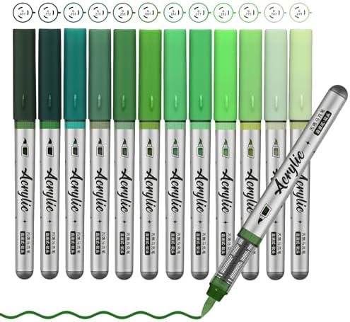 Green Acrylic Paint Pens,12 Color Paint Pen Markers,Brush Tip Paint Pens for Rock Painting Wood Glass Ceramic Canvas Stone DIY Crafts Making Art Supplies