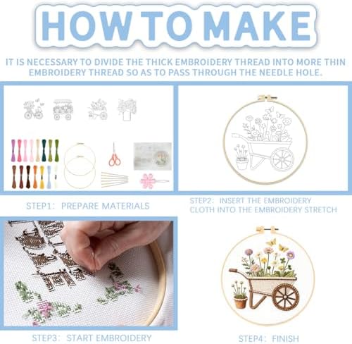 FREEBLOSS 4 Sets Embroidery Kit for Beginners Needlepoint Embroidery Starter Kit with Flower Theme Stamped Patterns, Instructions, Colored Threads, 2 Hoops 20cm/7.9inch