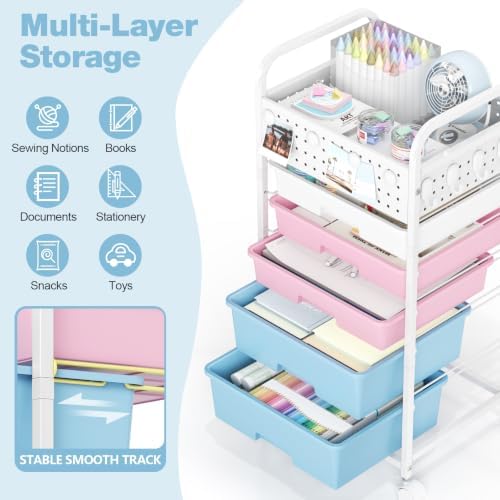 5 Drawer Rolling Storage Cart with Pegboard Top and Hooks, Pink&Blue