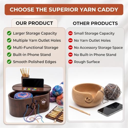Oval Wood Yarn Bowl Set with Lid, Large Knitting & Crocheting Yarn Holder with 9 Metal Crochet Hooks & 10 Stitch Markers, Built-in Phone Stand, Yarn Storage Organizer for Crafters