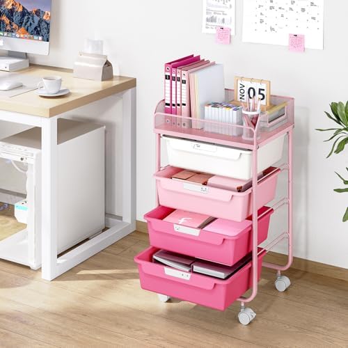 SYKIARIOL 4-Drawer Rolling Storage Cart with Mesh Top, Rose Pink