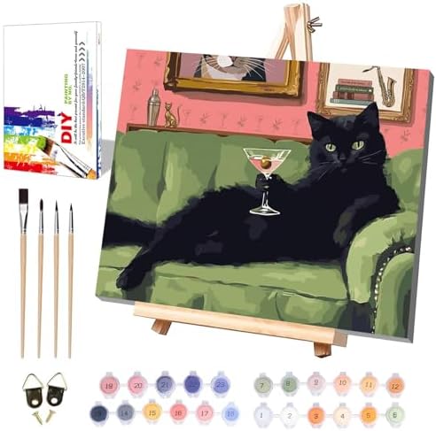 Black Cat Paint by Numbers for Adults with Framed Canvas - Wooden Easel