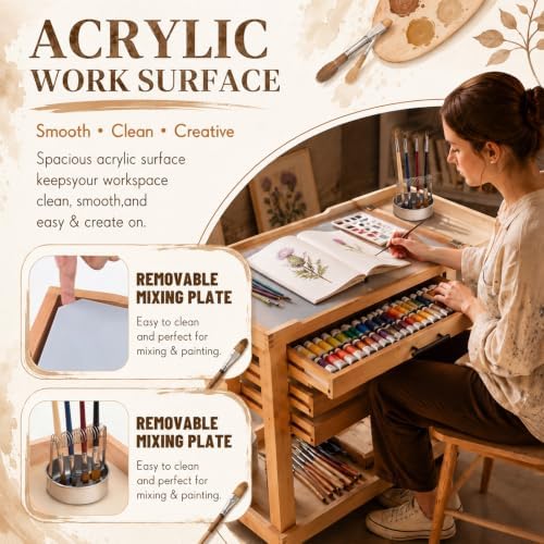 Art Supplies Storage Cart 5-Tier Solid Beech Wood 3 Drawers 4 Rolling Wheel