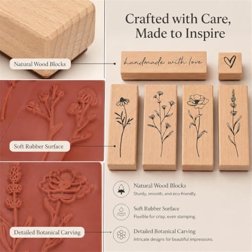 6pcs Wooden Rubber Floral Stamps Set, Crafting, Scrapbooking
