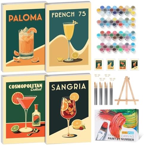 4 Pack Framed Paint by Numbers Kit for Adults, Retro Cocktail , 8 x 12 Inch | DIY Acrylic Painting by Numbers for Beginners, with Wooden Easel, Bar Home Wall Decor, Stress Relief Craft Gift