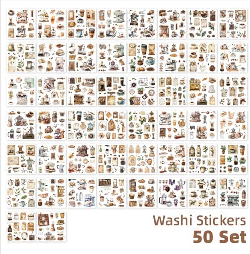 Coffee Themes Sticker Scrapbooking Supplies for Junk Journal, 50 Sheets Washi Stickers - Vintage Journaling Stickers, Ephemera Sticker Book Pre Cut(TZ-005-008)