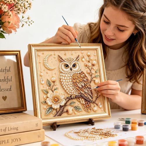 Pearl Art Kits for Adults Bird Flower DIY Beaded Embroidery Kits with Crystal Rhinestones Pearl Painting Craft Kit with Pre-Printed Canvas Handmade Home Wall Decor Gift (Owl)