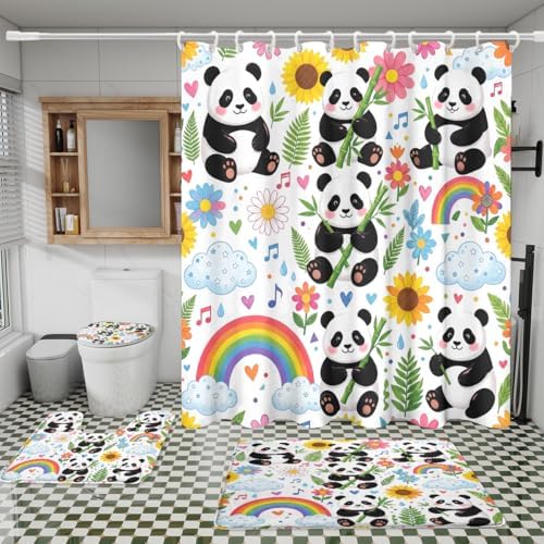 Cartoon Animal Baby Panda Shower Curtain Sets 4 Piece,Kawii Spring Forest Rainbow Bathroom Decor Sets with Rugs,Aesthetics Flowers Bamboo Leaves Waterproof Toilet Lid Cover Bath Mat