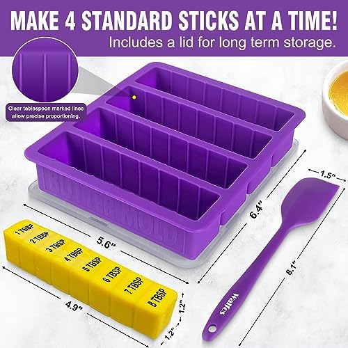 Silicone Butter Mold with Lid and Spatula (Purple), Walfos Non-Stick Tray Fits Standard Butter Stick Size, Large Cavity, Holds 8 TBSP, Ideal For Soap Bar, Energy Bar, Brownie, Cake, 2 Packs