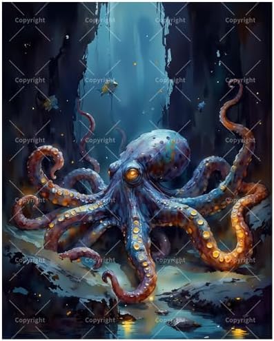 ENTORLAB Underwater Fantasy Paint by Numbers Kit for Adults - DIY Glowing Octopus in Cave Painting on Canvas 16x20In, Acrylic Paint Set, Suitable for Beginners, Art for Home Decoration or Gifts