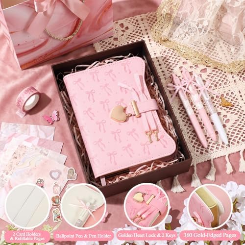 Janlaugh DIY Journal Diary with Lock Pack Scrapbook Kit, Pink, Bow | Stationery Diary Supplies, Scrapbook Supplies Art Crafts Kit for Birthday Holidays Ideal Gifts, Feather Bookmark Stickers