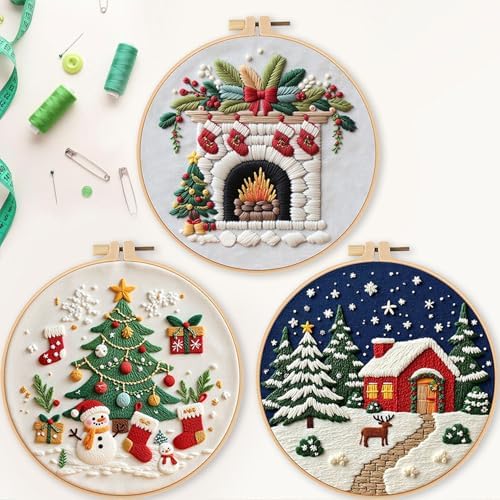 LB Christmas Embroidery Kit for Beginners Adults, 3 Sets Hand Embroidery Starter Kit with Fireplace Pattern and Instructions Stamped Cross Stitch Kits Include Embroidery Hoop Needles Threads Scissors