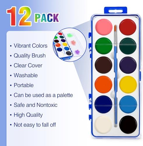 12 Pack Watercolor Paint Set Bulk for Kids, 12 Color Washable Water Colors