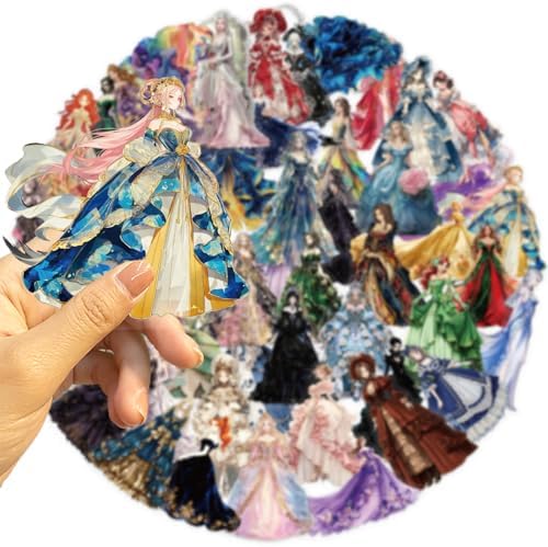 50 Pcs PET Transparent Princess Gown Stickers, Waterproof Vinyl Elegant Dress Decals for Laptop Skateboard Luggage, Colorful Ball Gown Stickers Gift for Kids Teens Adults(Princess)