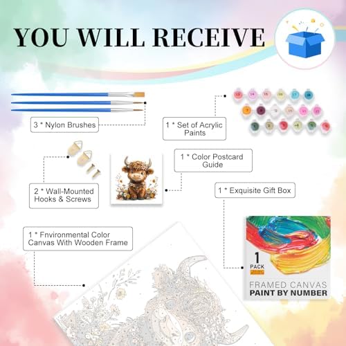 Framed Paint by Numbers Kit for Adults Beginner, Highland Cow Easy Paint by Numbers with Frame, Highland Cow Acrylic Adult Painting by Number Kits on Canvas Framed for Gift Home Decor 12x12 Inch