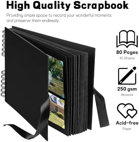 Mauproy 11.5 x 8.5 Inch Black Scrapbook Album, 80 Pages | Photo Album with Black Pages, Kraft Paper Hardcover Memory Book with DIY Accessories Kit for Birthday, Wedding, Travel