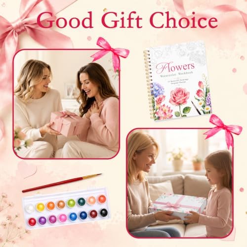 Watercolor Workbook for Beginners, 15 Beautiful Flower Water Coloring Book, Includes 24 Water Colors Workbooks Paint Set, Relaxing Art Projects and Creative Gift for Adults & Teen