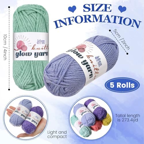 WILLBOND 5 Rolls Glow in The Dark Yarn Luminous Crochet Yarn for Crocheting DIY Knitting Glow Fingering Sewing Supplies for Halloween Arts Crafts Sewing Party, 54.7 yd Per Roll (Cute Colors)