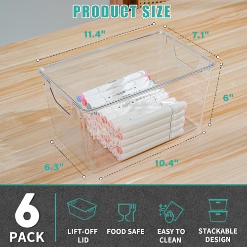 6 Pack Large Clear Storage Bins with Lids, Acrylic Arts and Craft Storage Containers, Stackable Clear Plastic Craft Storage Bins with Handles for Classroom Storage Organization,Kitchen, Fridge, Office