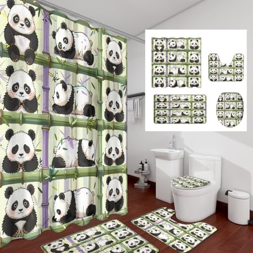 Funny Cartoon Baby Panda 4 Piece Shower Curtain Sets,Abstract Cute Panda Bears Non-Slip Rugs,Toilet Lid Cover and Bath Mat,Spring Forest Japanese Bamboo Print Bathroom Decor Set
