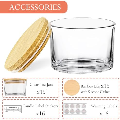 CONNOO 15 Pack 4oz Clear Glass Candle Jars with Airtight Bamboo Lids