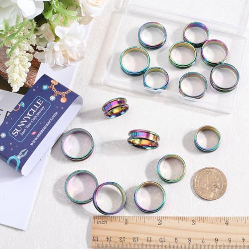 SUNNYCLUE 1 Box 18Pcs Ring Cores Inlay Ring Blanks Stainless Steel Rainbow Color Grooved US Size 7/8/9/10/11/12 Round Empty Jewelry Findings for Jewelry Making Kits Men Women