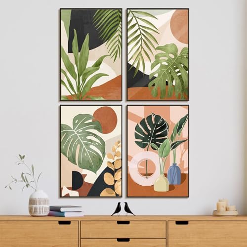4 Pack Framed Paint by Numbers Kit for Adults with Wooden Easel, Plant | With Frame, Botanical DIY Acrylic Painting, For Adults Beginner, Stress Relief Craft Kits, Home Wall Decor Gift, 8x12 IN