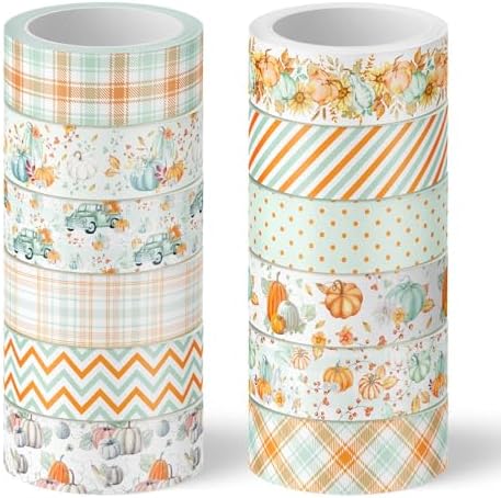 Whaline 12 Rolls Fall Washi Tape Autumn Pumpkin Plaid Truck Washi Tape Cyan Orange Harvest Decorative Masking Tape for Thanksgiving Scrapbook Journal DIY Art Craft Gift Wrapping Supplies