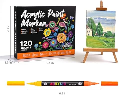 WINSONS 120 Colors Acrylic Paint Markers Dual Tip Dual Colors Brush Tip Pens for Rock Painting Supplies, Canvas, Wood, Calligraphy, Metal, Glass, DIY Crafts Art Supplies Kit (120 Colors - Dual Colors)