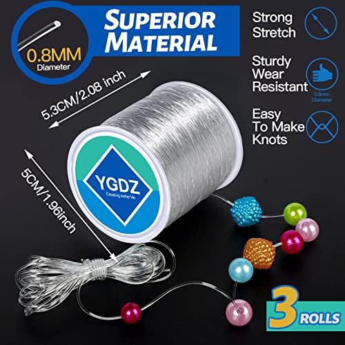 0.8mm Elastic String, YGDZ 3 Rolls Bracelets String Clear Elastic Stretch Cord Jewelry Bead Bracelet String for Seed Beads, Bracelets and Jewelry Making (100m/Roll)