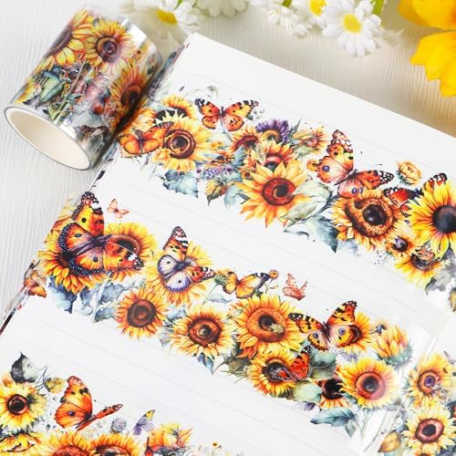 Sitsink Sunflower PET Tape for Journaling - Flower Butterfly Junk Journal Scrapbooking Supplies, Floral PET Tape for Journal Book Crafts Bottle Décor