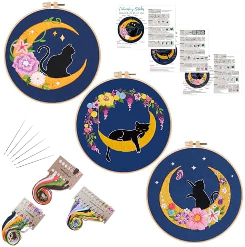 Louise Maelys 3 Set Cat Moon Embroidery Kit for Beginners Craft