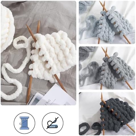 MABOZOO Assorted Chunky Yarn for Hand Knitting 8 Pack, Fluffy Jumbo Chenille Yarn, Soft Plush Yarn Bulky, Giant Thick Fuzzy Yarn for Arm Knitting,Cream & Multi Grey(31.7 yds,8 oz Each Skein)