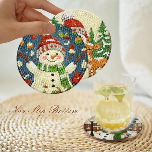 8 Pcs Christmas Diamond Art Coasters Kits, Snowmen Cork Wooden Pad Diamond Painting Coasters with Holder, 5D DIY Full Drill Gem Art Craft Supplies for Adults Beginners Home Decor