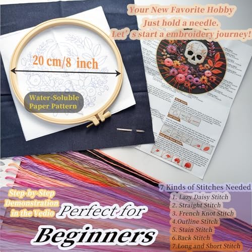 FONNUY Halloween Embroidery Kits for Beginners,Skull Pumpkin Spider Web Floral Stamped Cross Stitch Kit for Adults, Spooky Season Boho Wall Decor, 8'' Hoop (Skull 3)