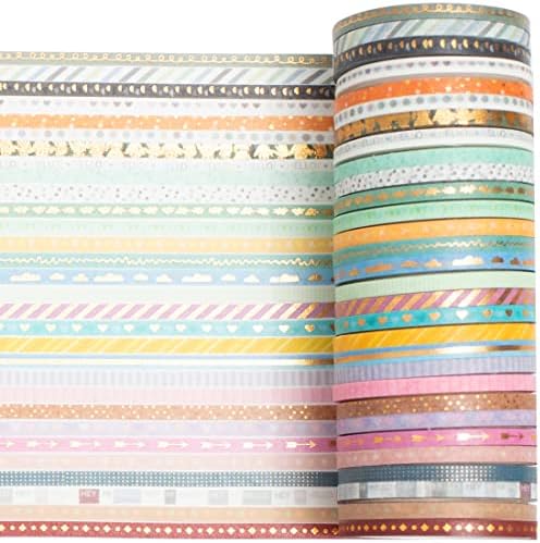 YUBBAEX 60 Rolls Skinny Washi Tape Set Gold Foil Masking Thin Basic Patterns Decorative Tapes for Arts, DIY Crafts, Journals, Planners, Scrapbook, Wrapping