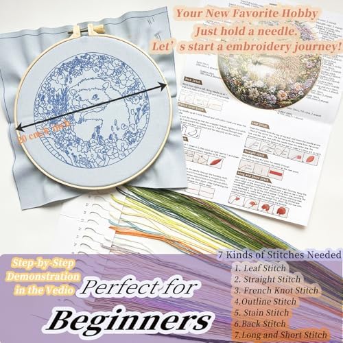 FONNUY Embroidery Kit for Beginners, Cute Hedgehog Stamped Embroidery Patterns Kits for Adults with Hoop, Easy to Follow Sewing Thread Needlework, 8'' Hoop (Adorably Spiky)