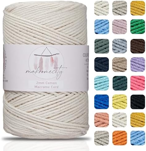 Makromecity, Cotton Macrame Cord 2mm x 195 Yards (590 feet) 2mm Recycled Cotton Crochet Yarn for Macrame Art & Crafts for Wall Hangings, Bags, Underplate, Rug (25 Colors Available) (Ecru)